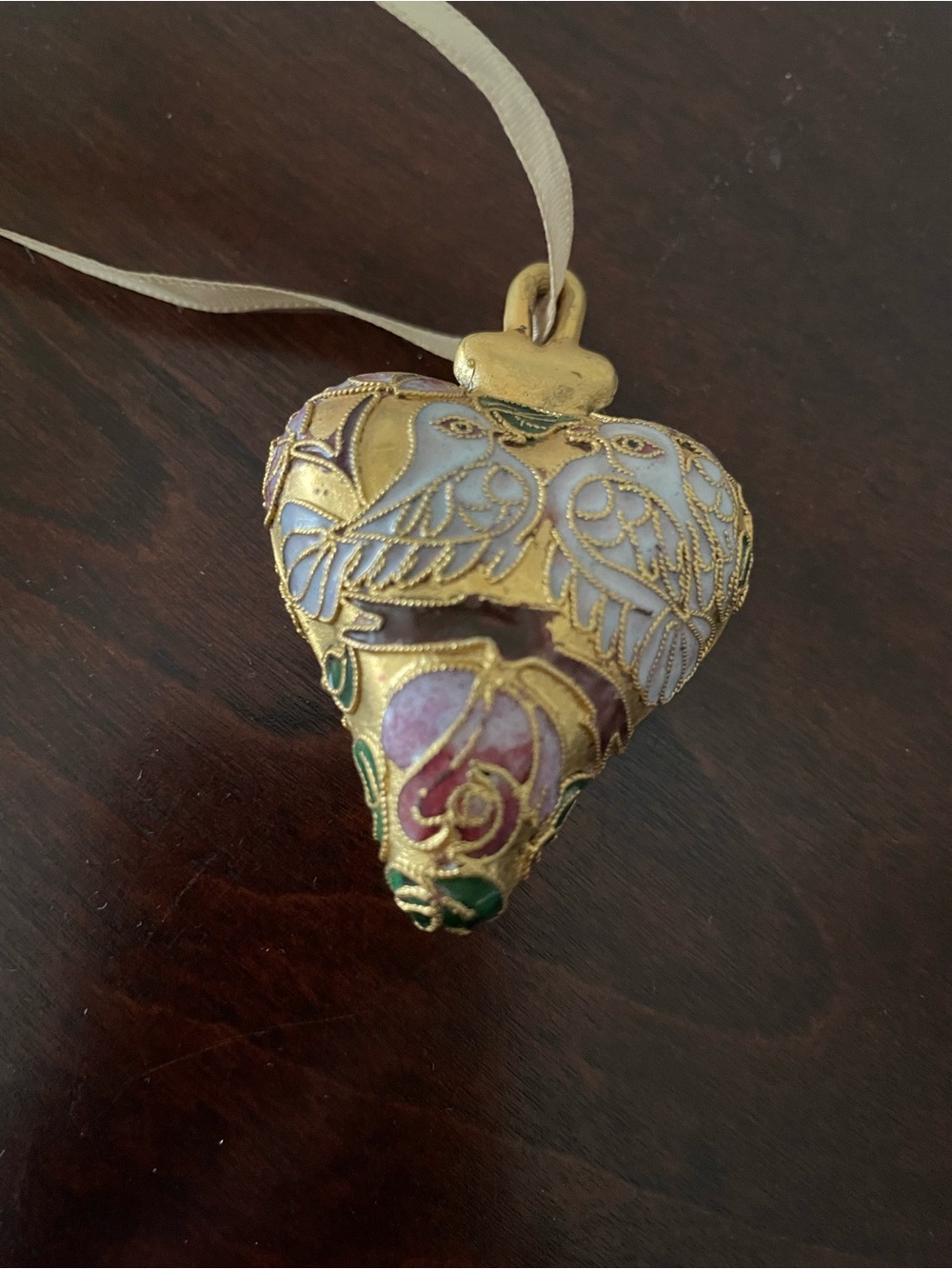 Gold Cloisonné Heart Ornament with Doves and Rose Motif